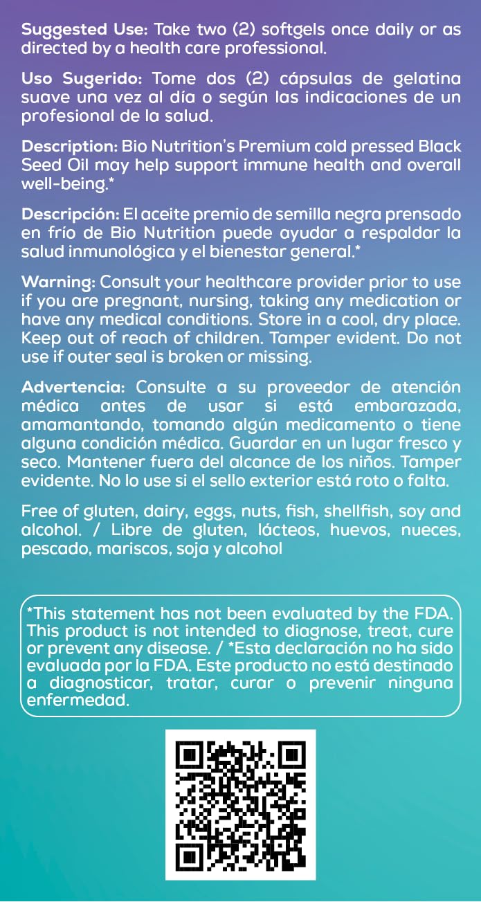 Bio Nutrition Black Seed Oil 90 Softgels label