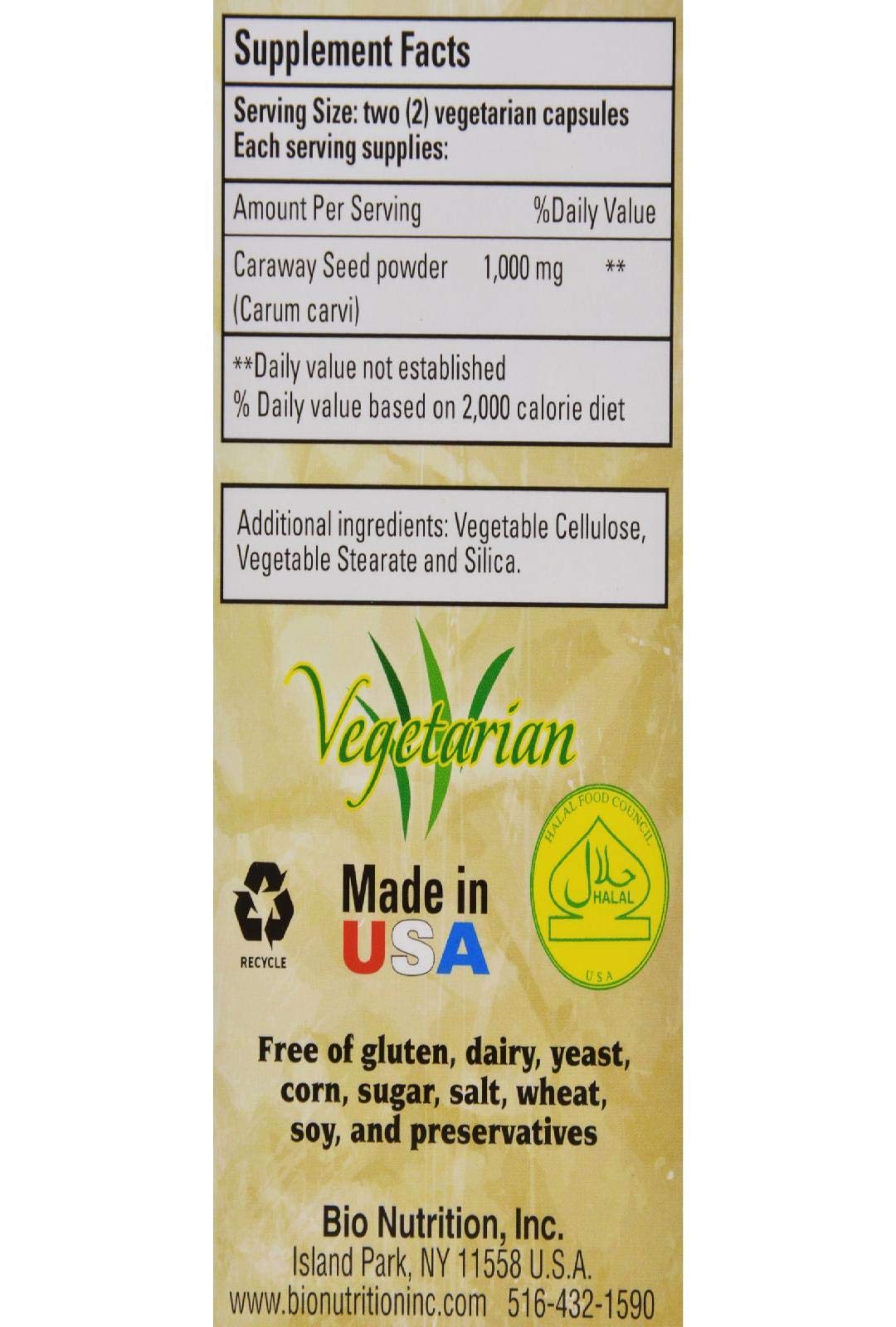 Nutrition label and USA-made claim on Bio Nutrition Caraway Seed Vegi-Caps