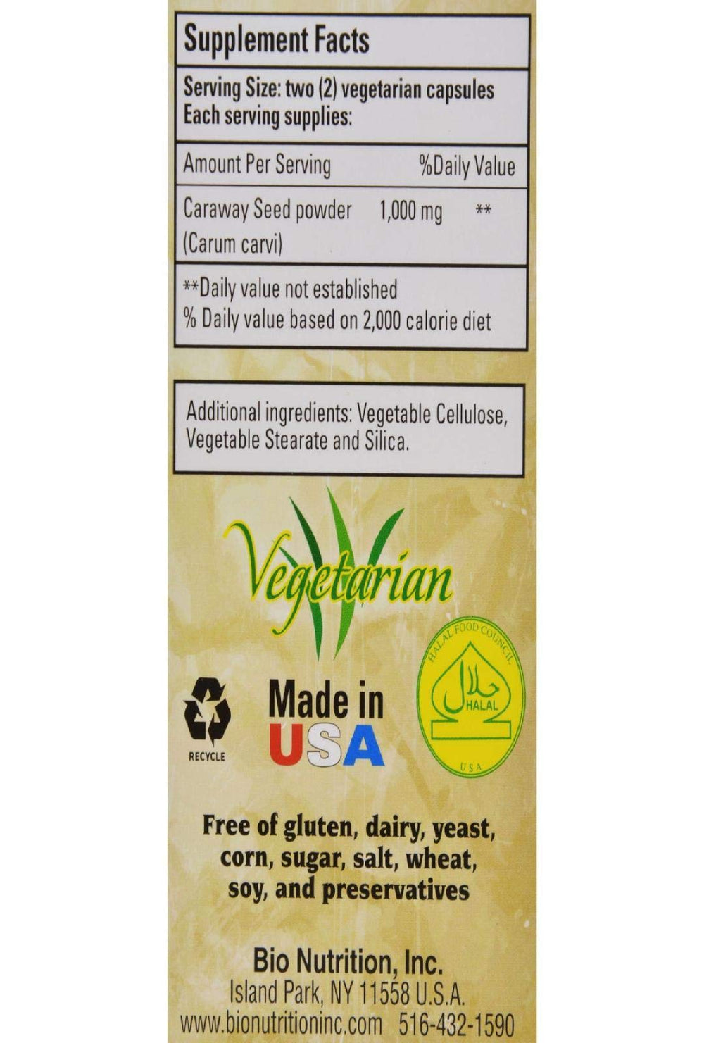 Nutrition label and USA-made claim on Bio Nutrition Caraway Seed Vegi-Caps
