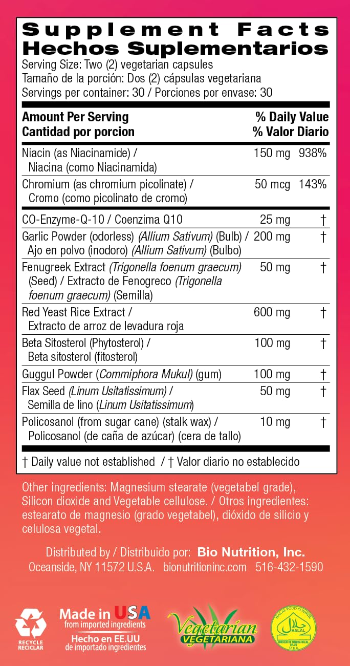 Nutrition label and high-quality ingredients for Bio Nutrition Chlolesterol Wellness