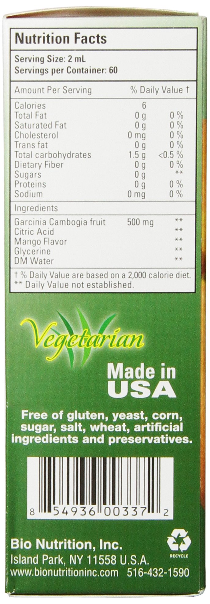 Label close-up of Garcinia Cambogia Liquid by Bio Nutrition