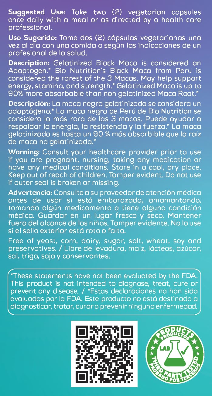 Peruvian origin of Bio Nutrition Gelatinized Black Maca