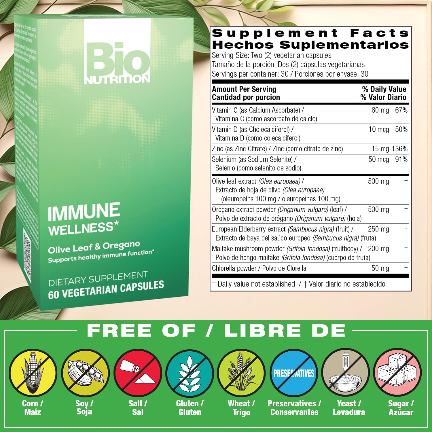 Back of Bio Nutrition Immune Wellness bottle with supplement facts