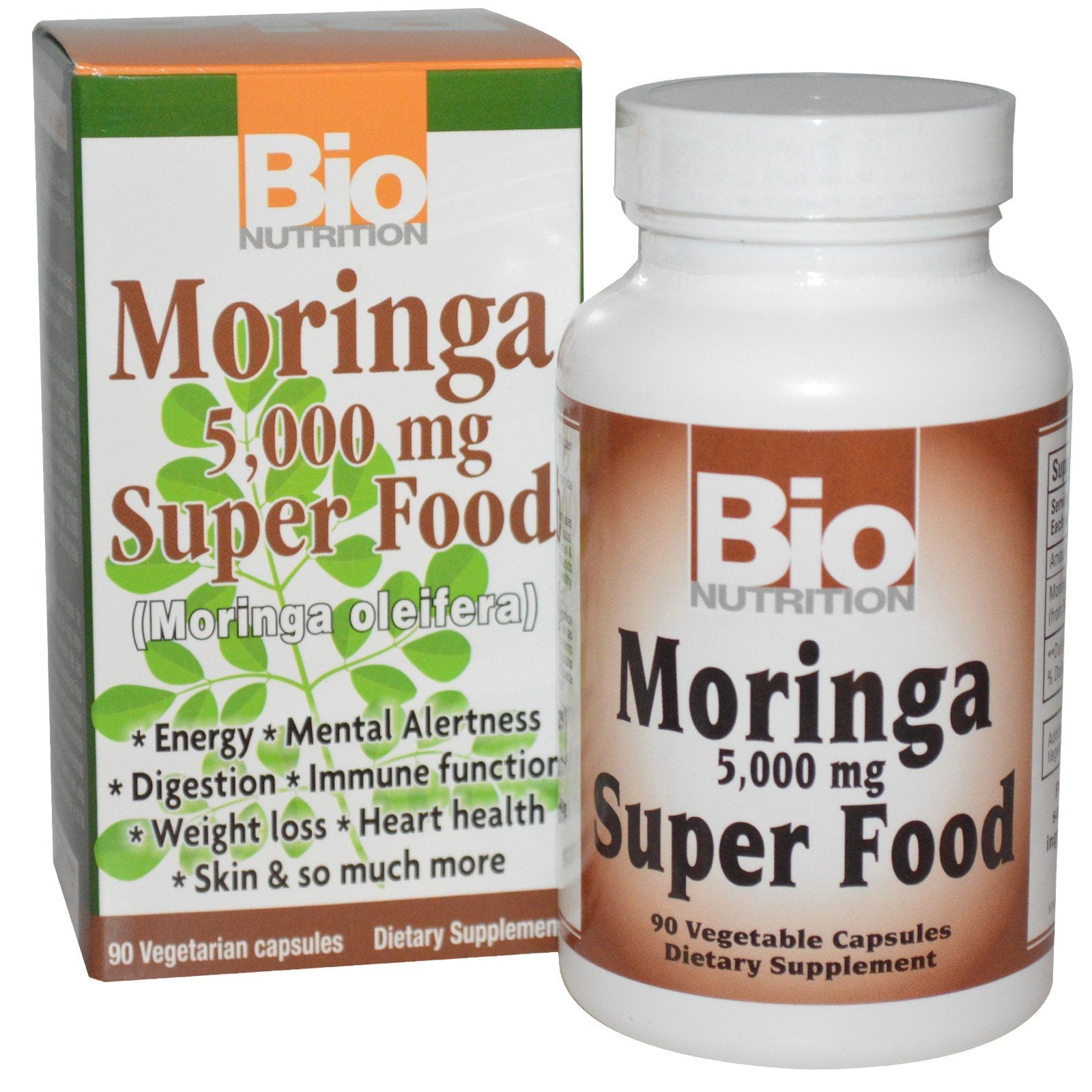 Bio Nutrition Moringa Oleifera supplement bottle with 5000mg per serving - 90 vegetarian capsules