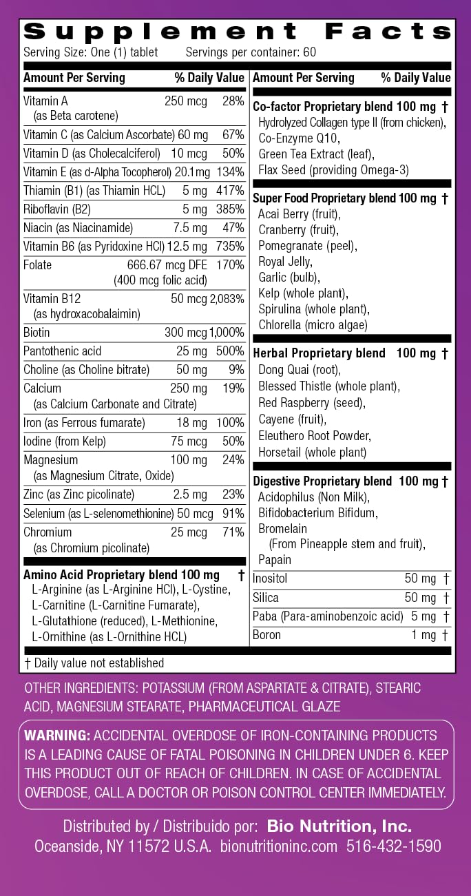 Manufacturing facility with quality standards for Bio Nutrition Women Wellness Tabs
