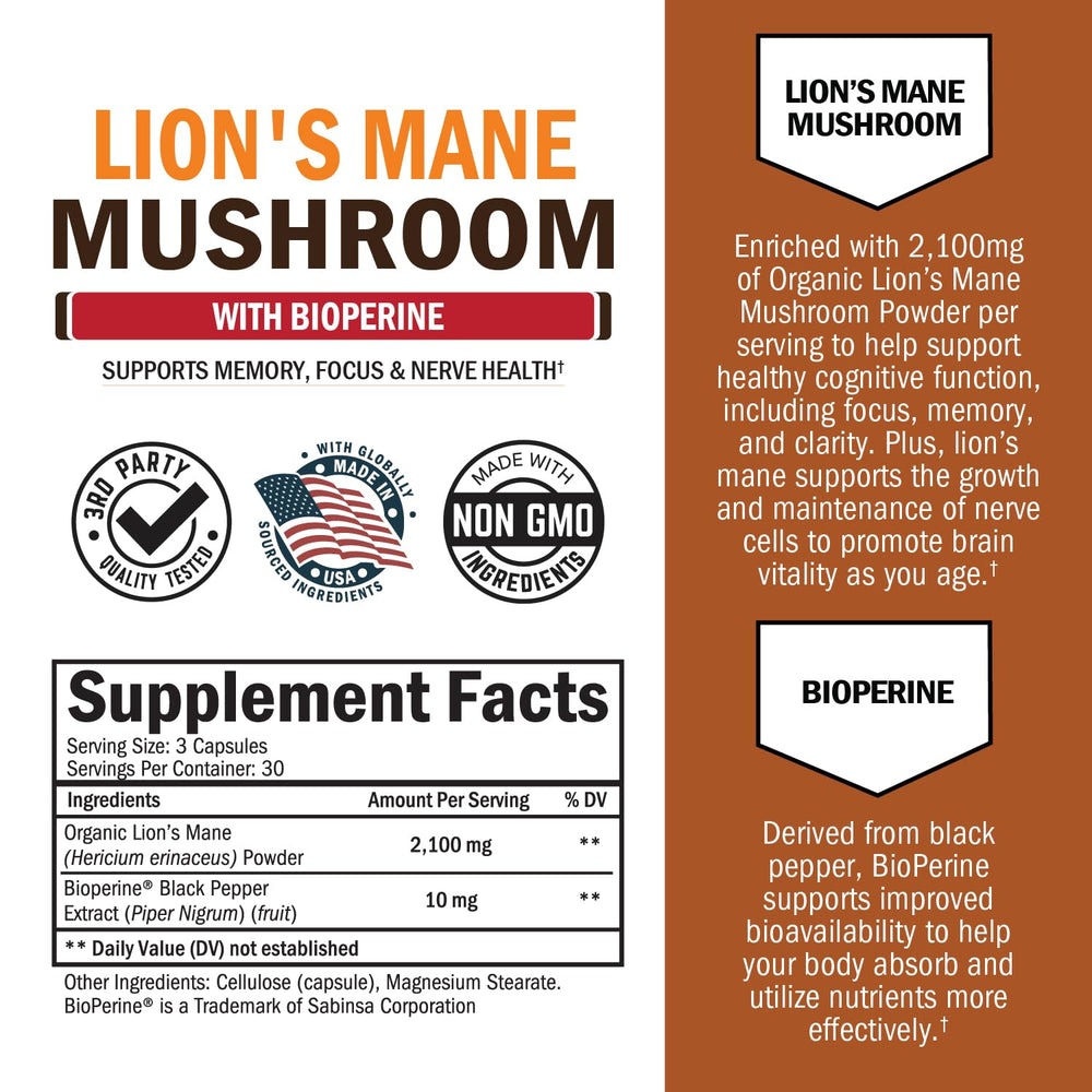 Close-up of organic Lions Mane mushrooms used in the supplement
