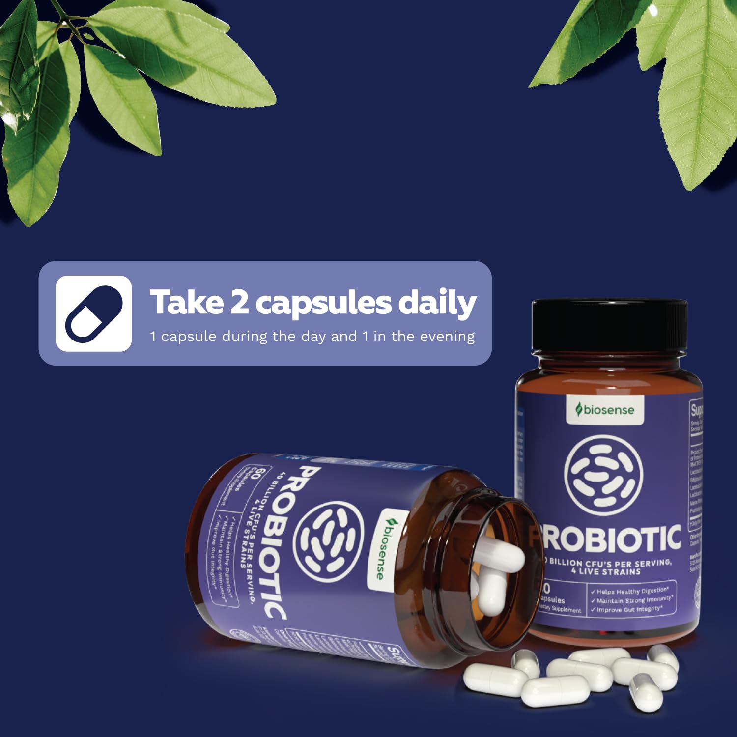 Bottle and capsules of Bio Sense Probiotics