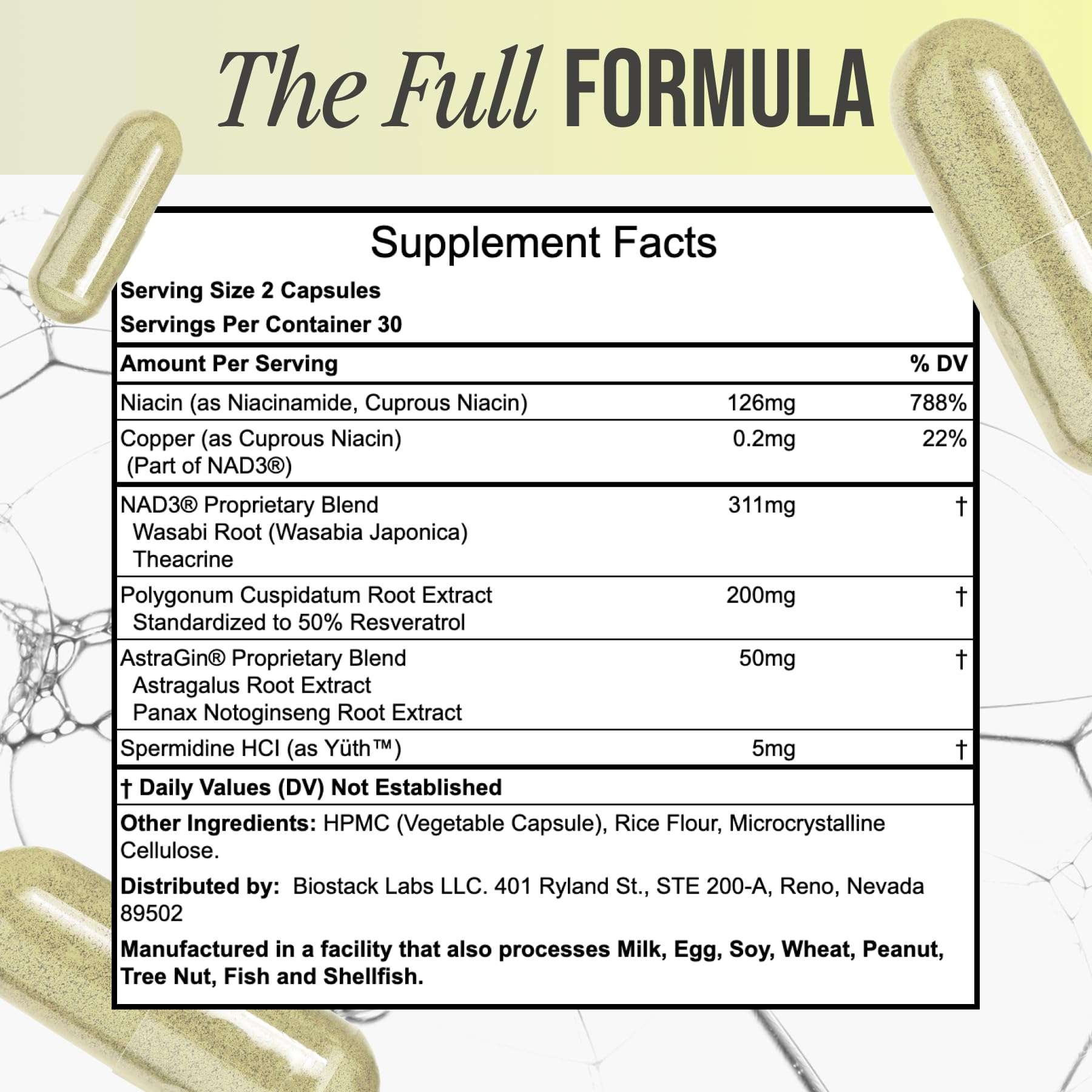 NAD Regen ingredients featuring resveratrol and niacinamide