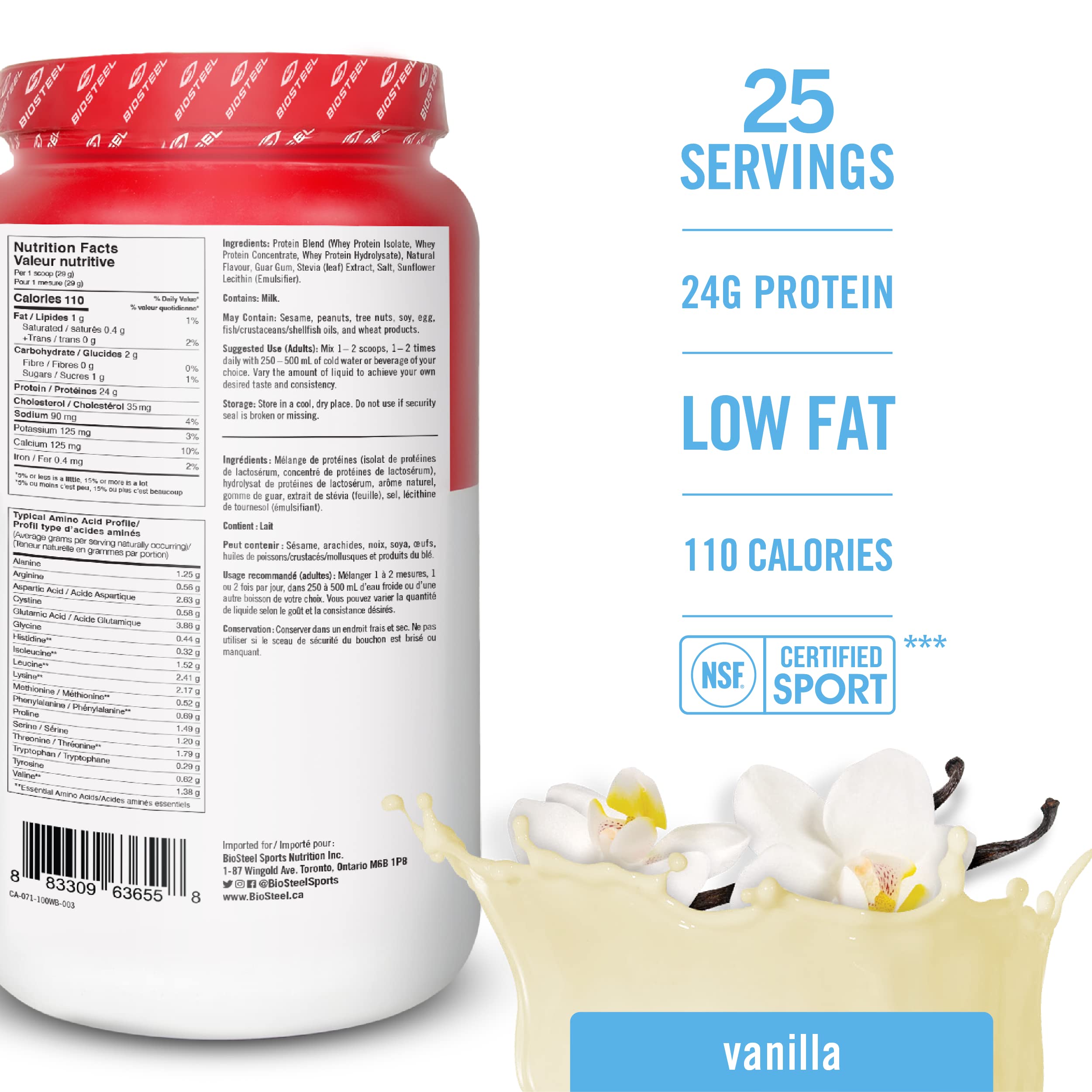 BIOSTEEL Sports Vanilla whey powder scoop delivers 24g protein per serving