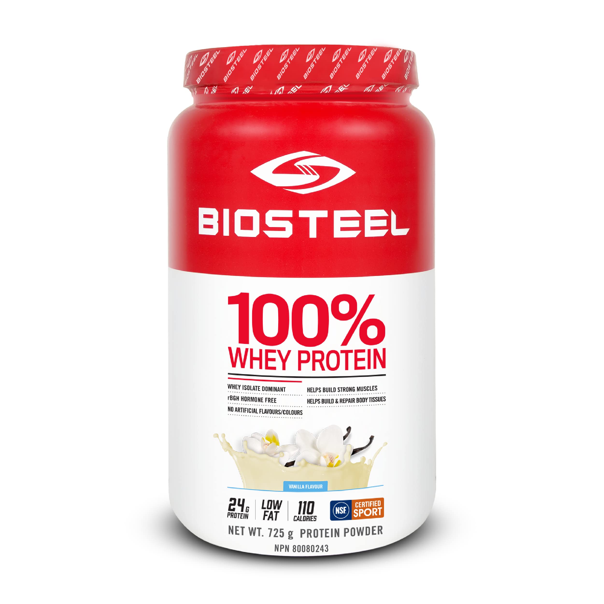 BIOSTEEL Sports Vanilla whey powder tub ready for post-workout recovery