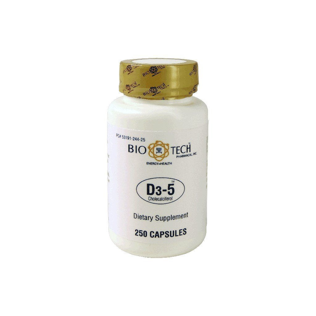 Label for Bio-Tech D3-5 5000 IU Vitamin D3 supplement, 250 capsules