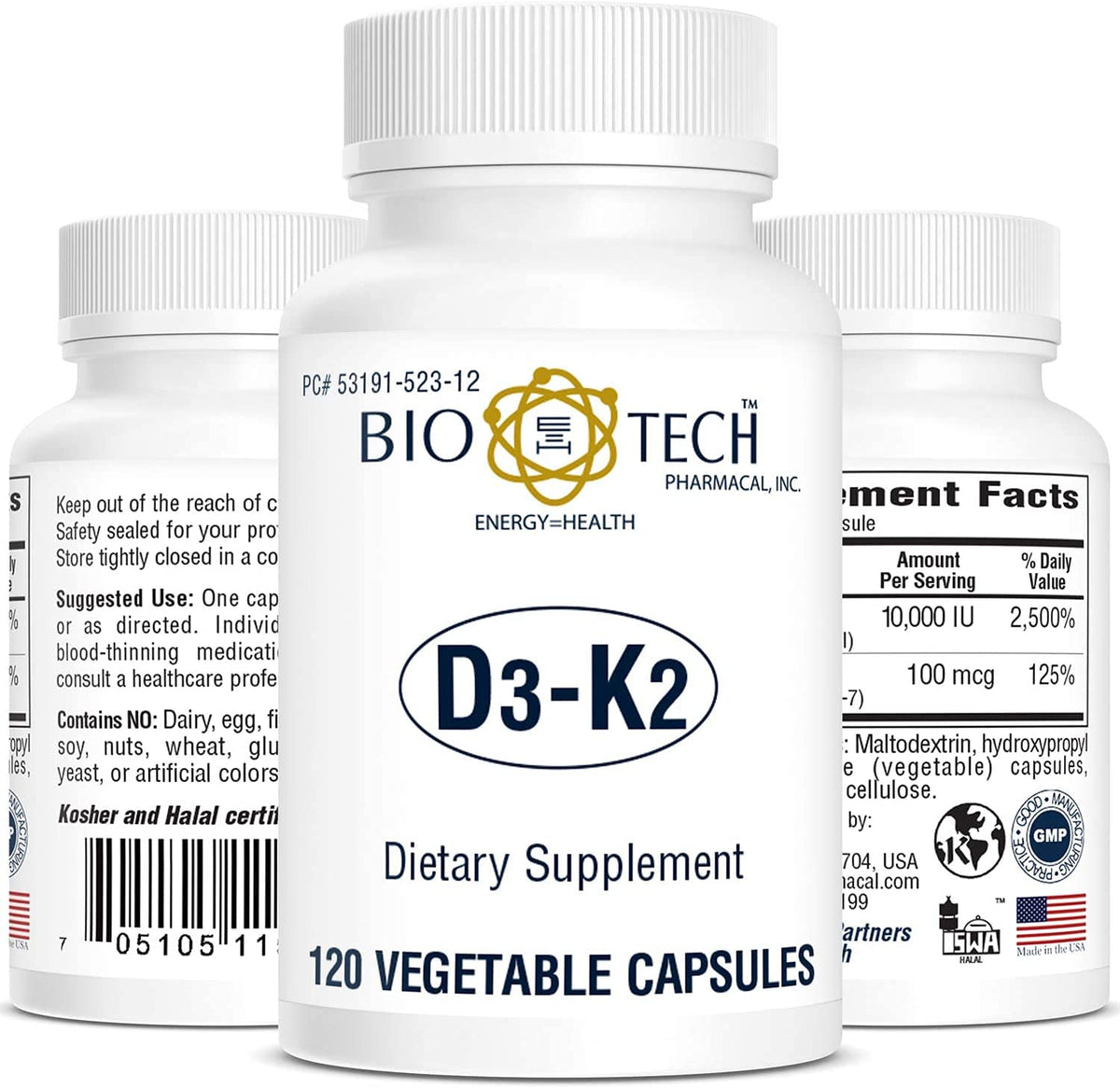 Bio-Tech D3-K2 120 Vegcaps front view