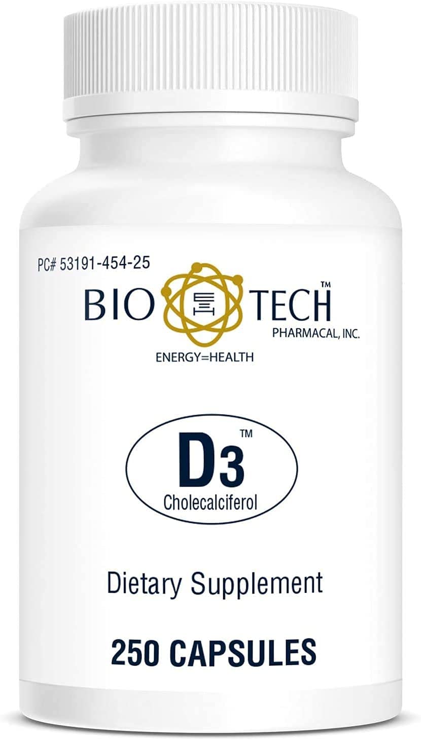 Bio-Tech Pharmacal Vitamin D3 1000 IU bottle – 250 capsules on white background