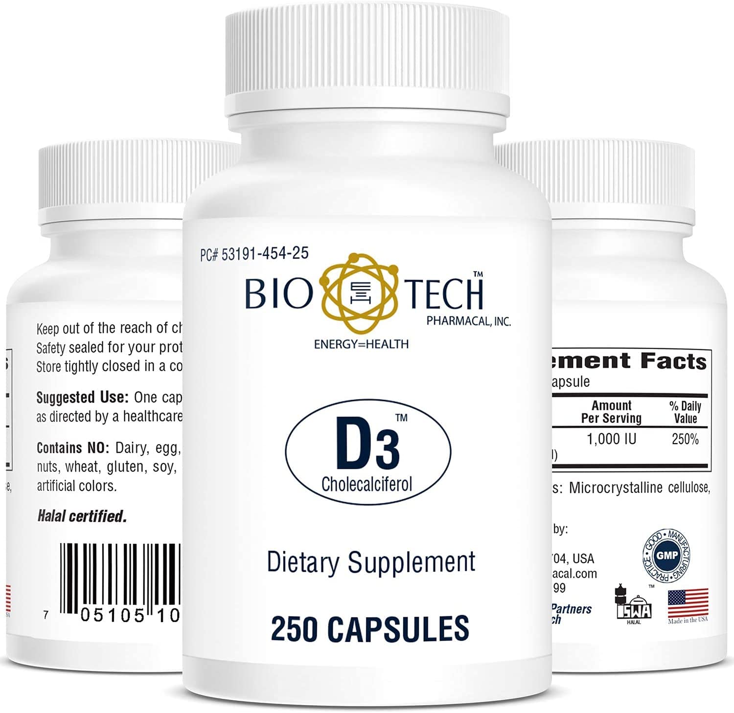 Close-up of Bio-Tech Pharmacal Vitamin D3 1000 IU bottle label