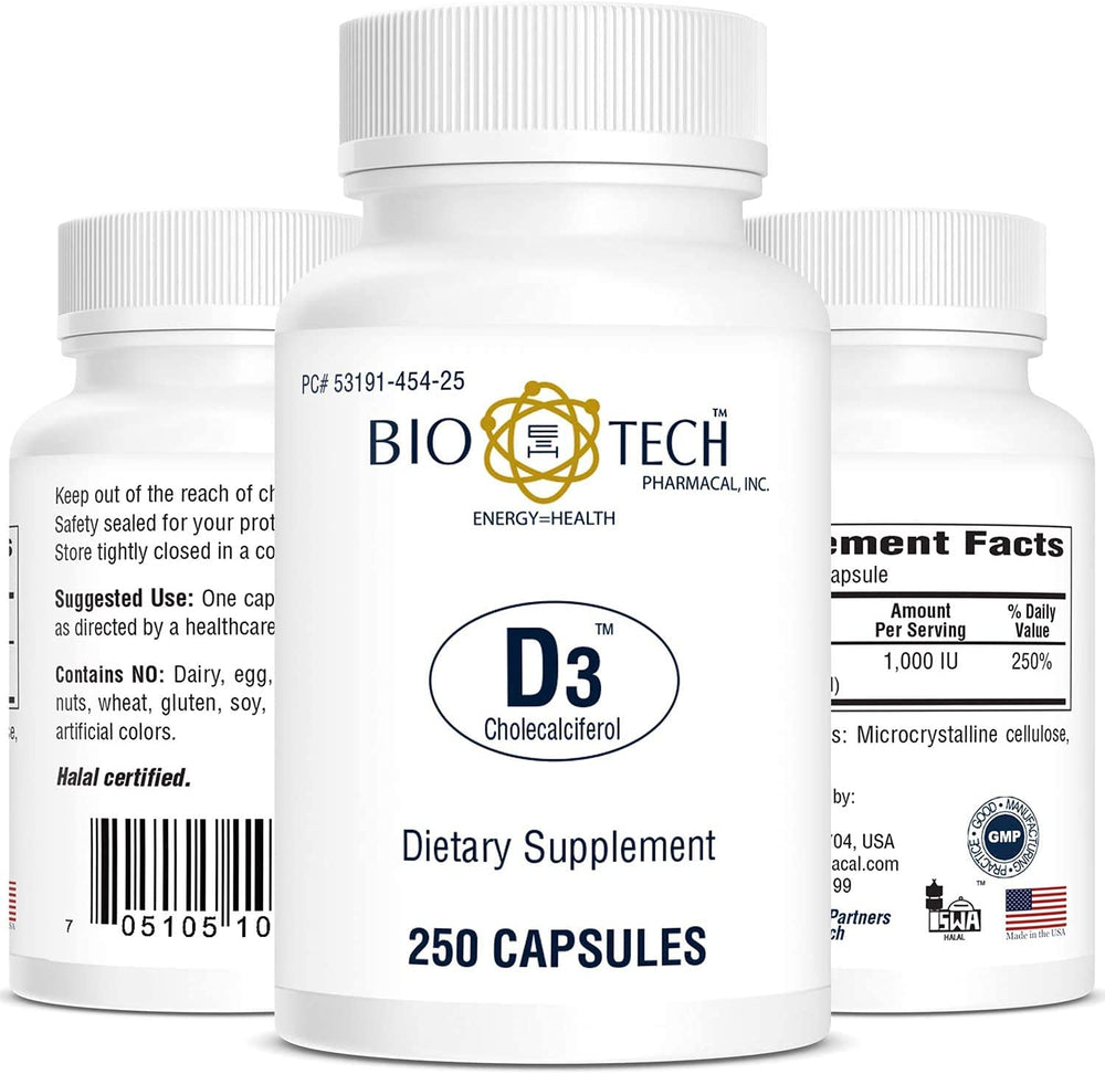 Close-up of Bio-Tech Pharmacal Vitamin D3 1000 IU bottle label