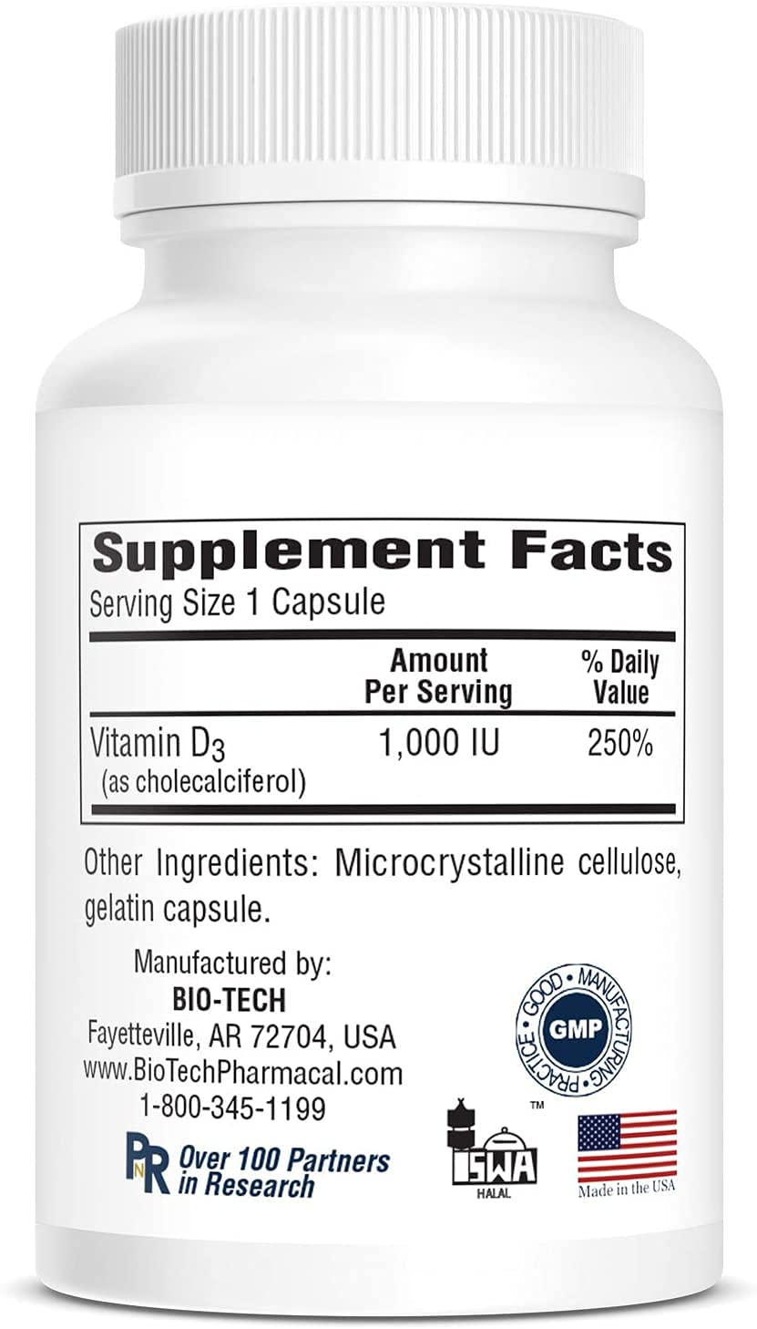 Front view of Bio-Tech Pharmacal D3 1000 IU bottle