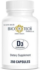 Front view of Bio-Tech Pharmacal Vitamin D3 bottle (D3 1k IU, 250 count)
