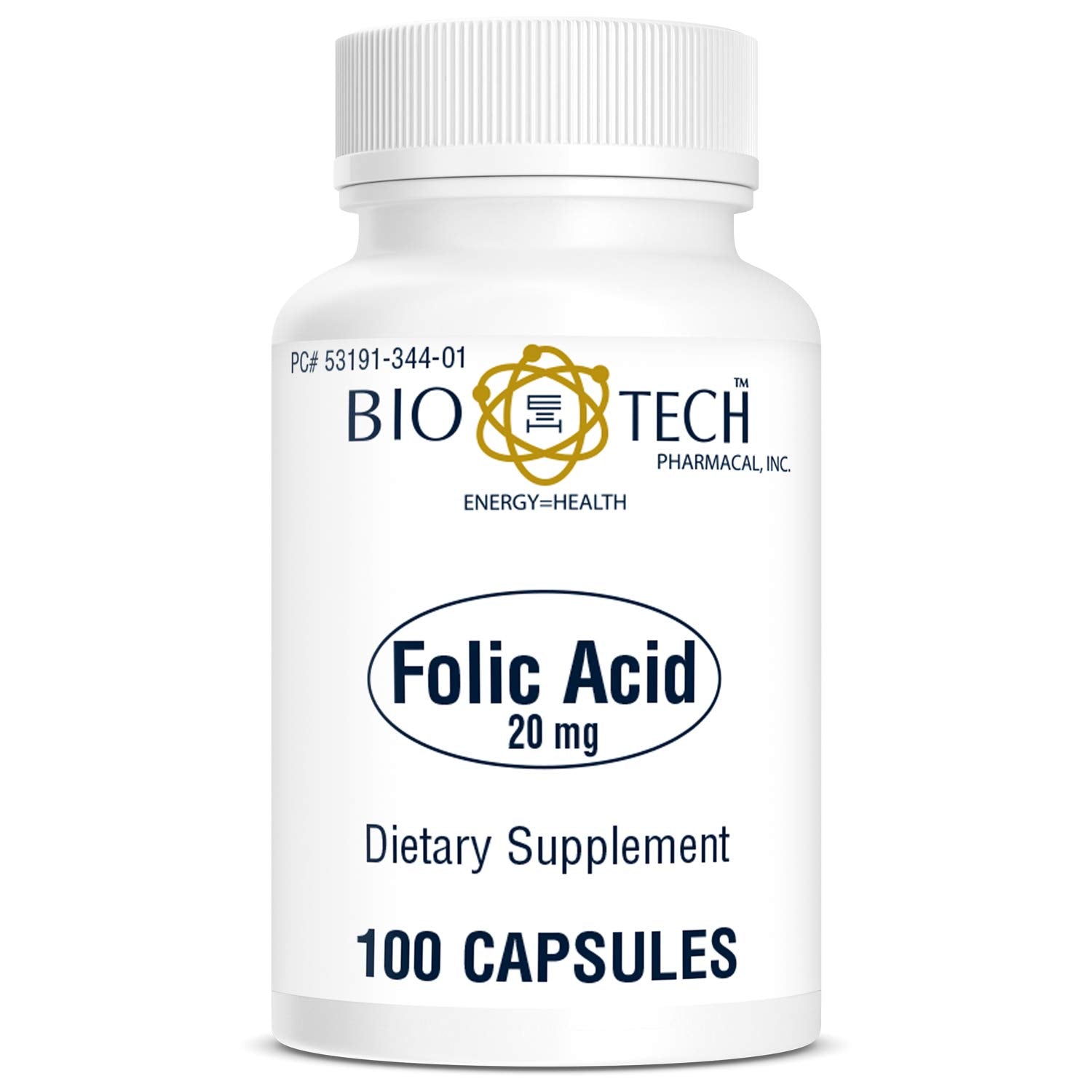 Close-up of folic acid bottle label showing 20mg dosage