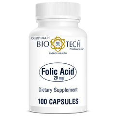 Close-up of folic acid bottle label showing 20mg dosage