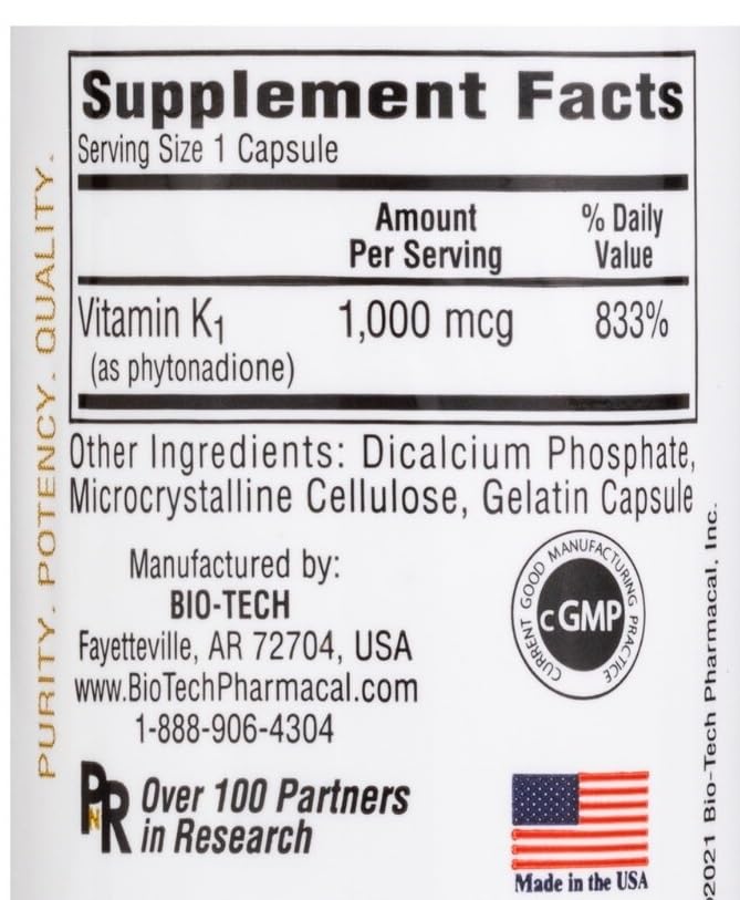 Bio-Tech Pharmacal K1-1000 Vitamin K1 100 Capsules 3 Pack – packaging and label