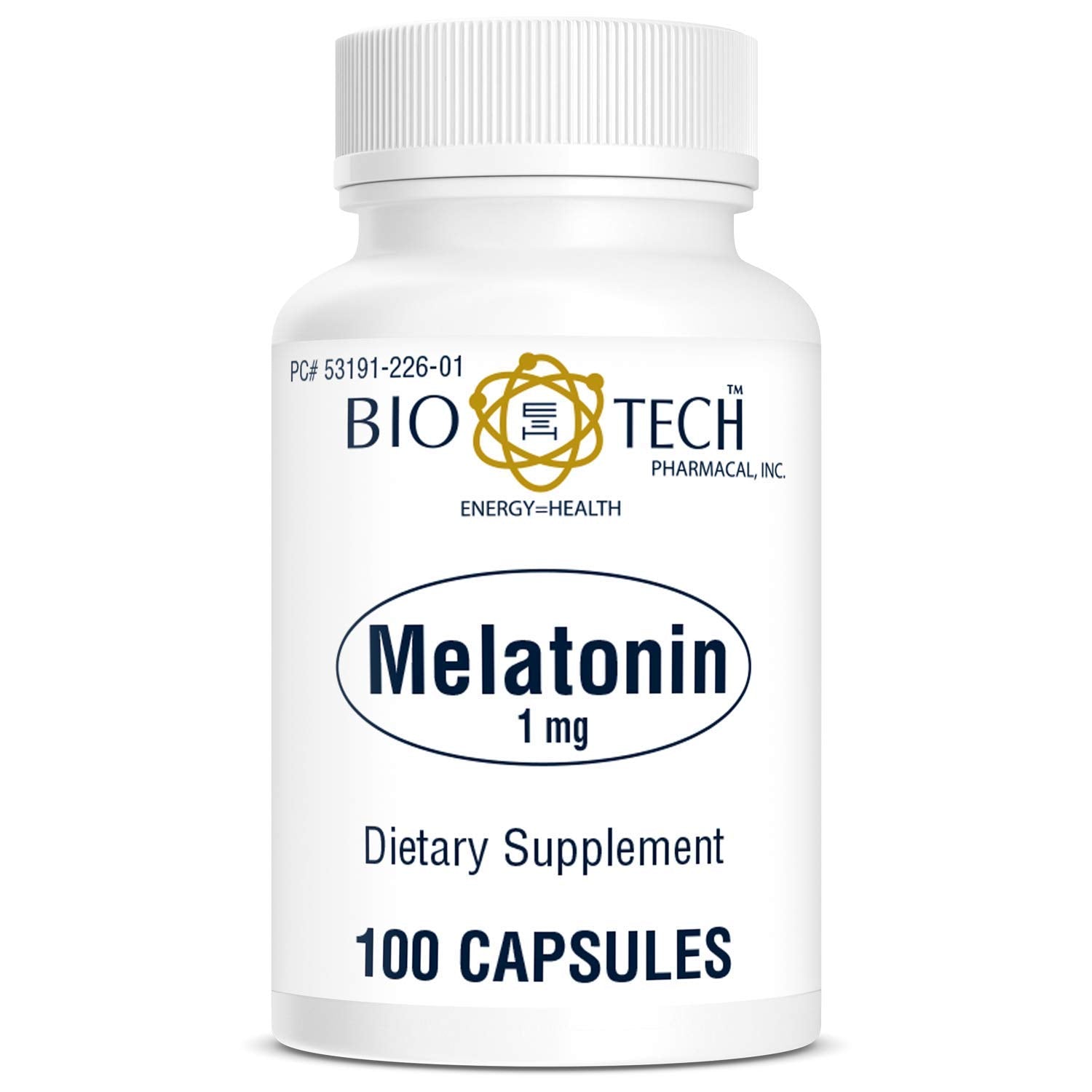 Front view of Bio-Tech Pharmacal Melatonin bottle 1 mg 100 capsules