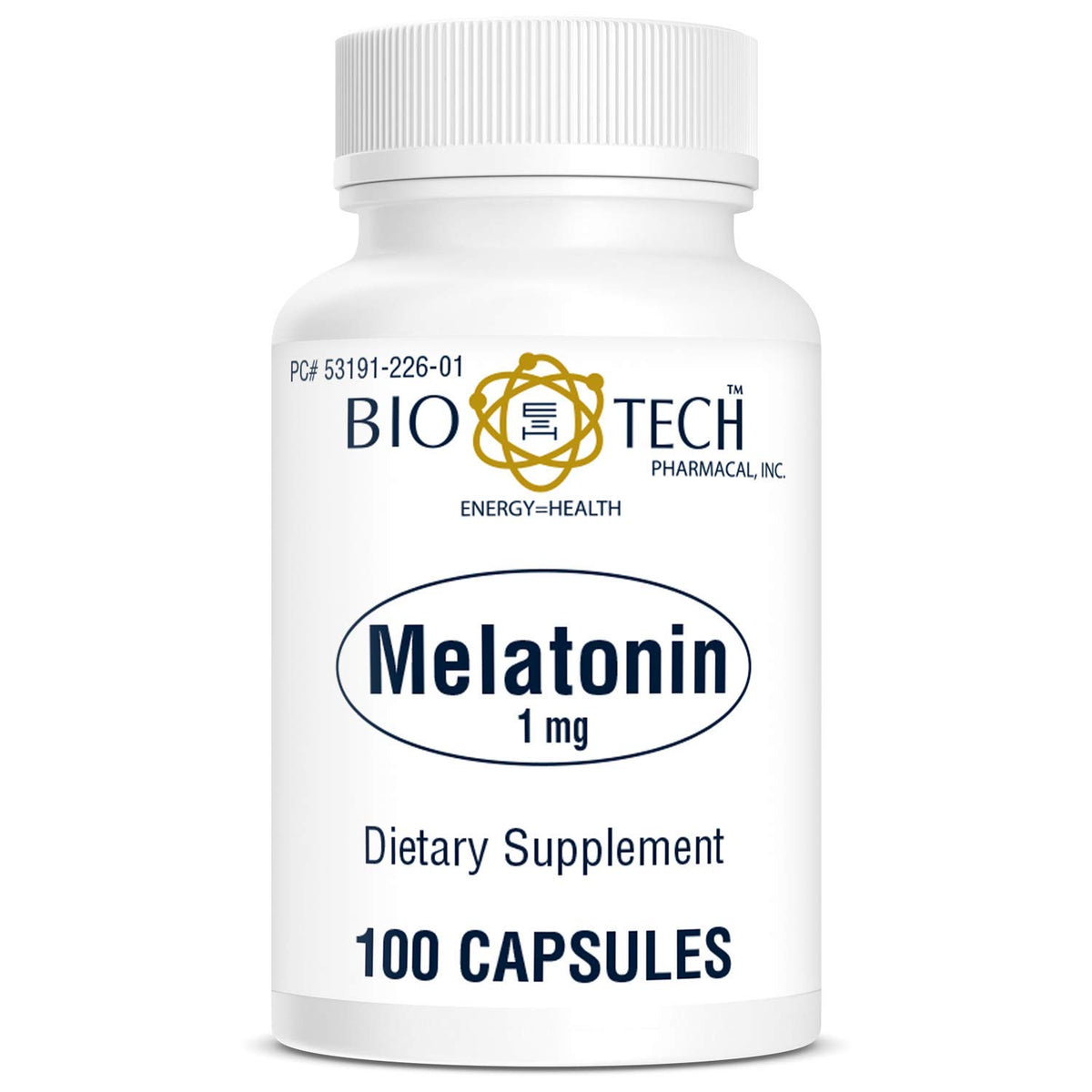 Front view of Bio-Tech Pharmacal Melatonin bottle 1 mg 100 capsules