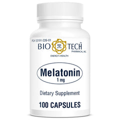 Front view of Bio-Tech Pharmacal Melatonin bottle 1 mg 100 capsules