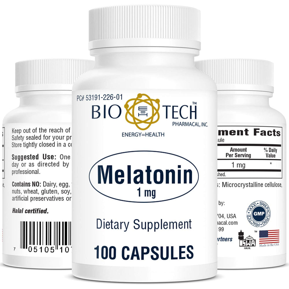 Close-up of melatonin capsules showing 1 mg dosage