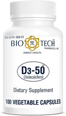 Bottle of Bio-Tech Pharmacal Vitamin D3 50,000 IU - D3-50; 100 vegan capsules