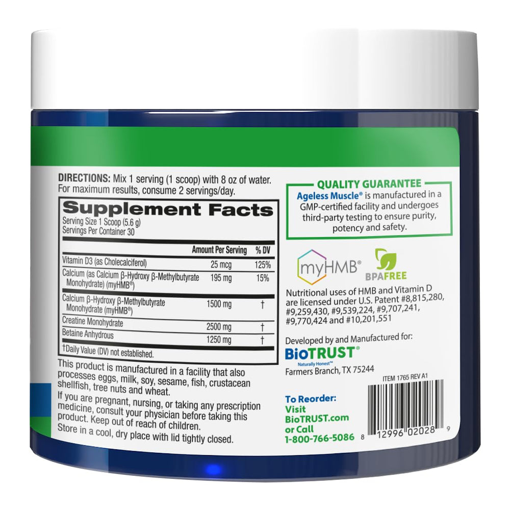 Unflavored Ageless Muscle label with nutrition facts