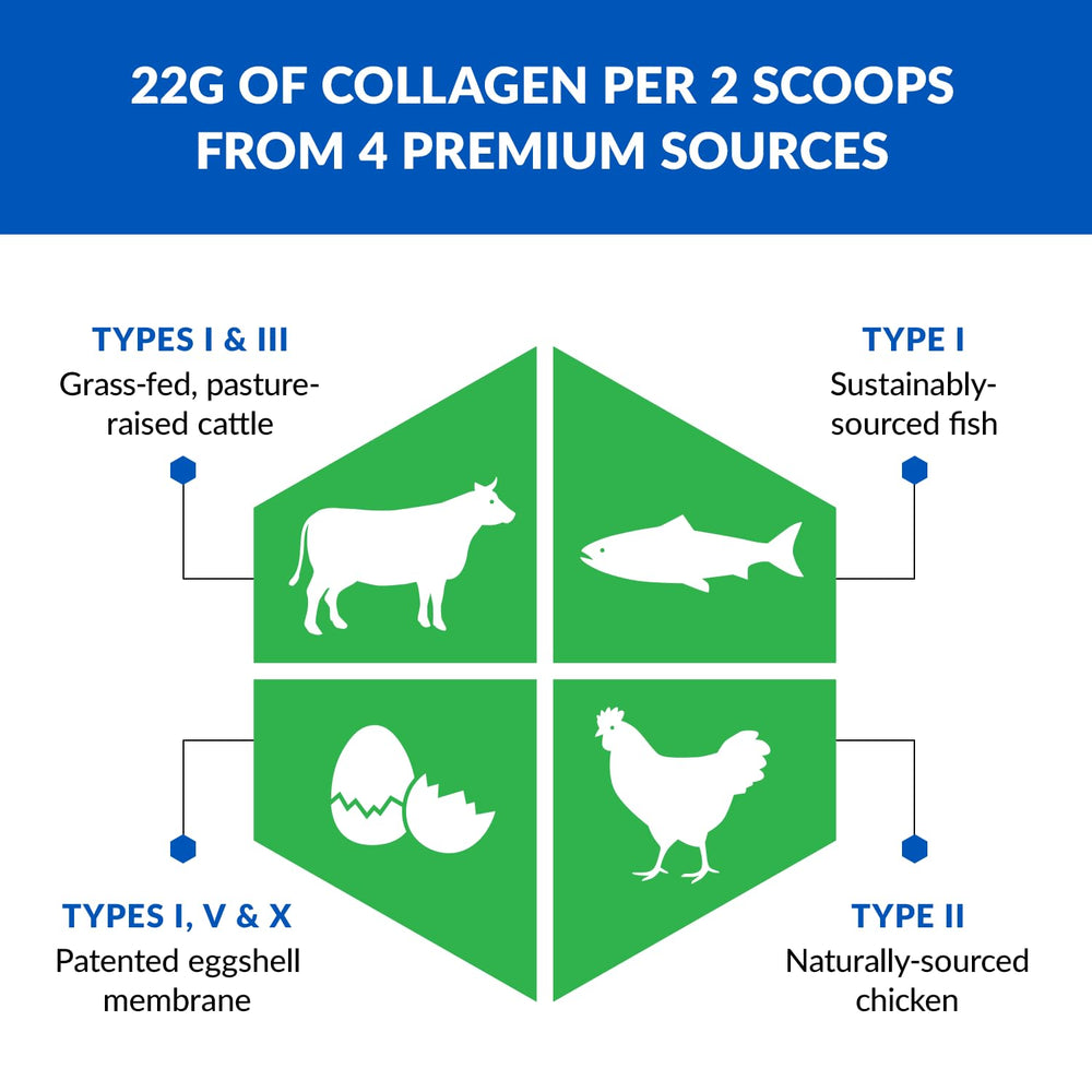Premium collagen sources: grass-fed cattle, pasture-raised poultry, eggshell membrane, fish