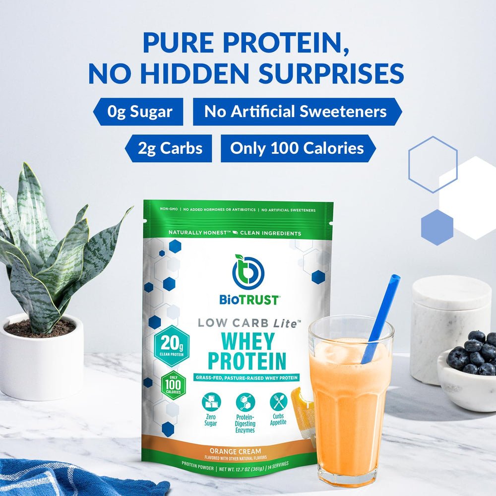 BioTrust Low Carb Lite ProHydrolase enzymes label emphasizes digestion support.