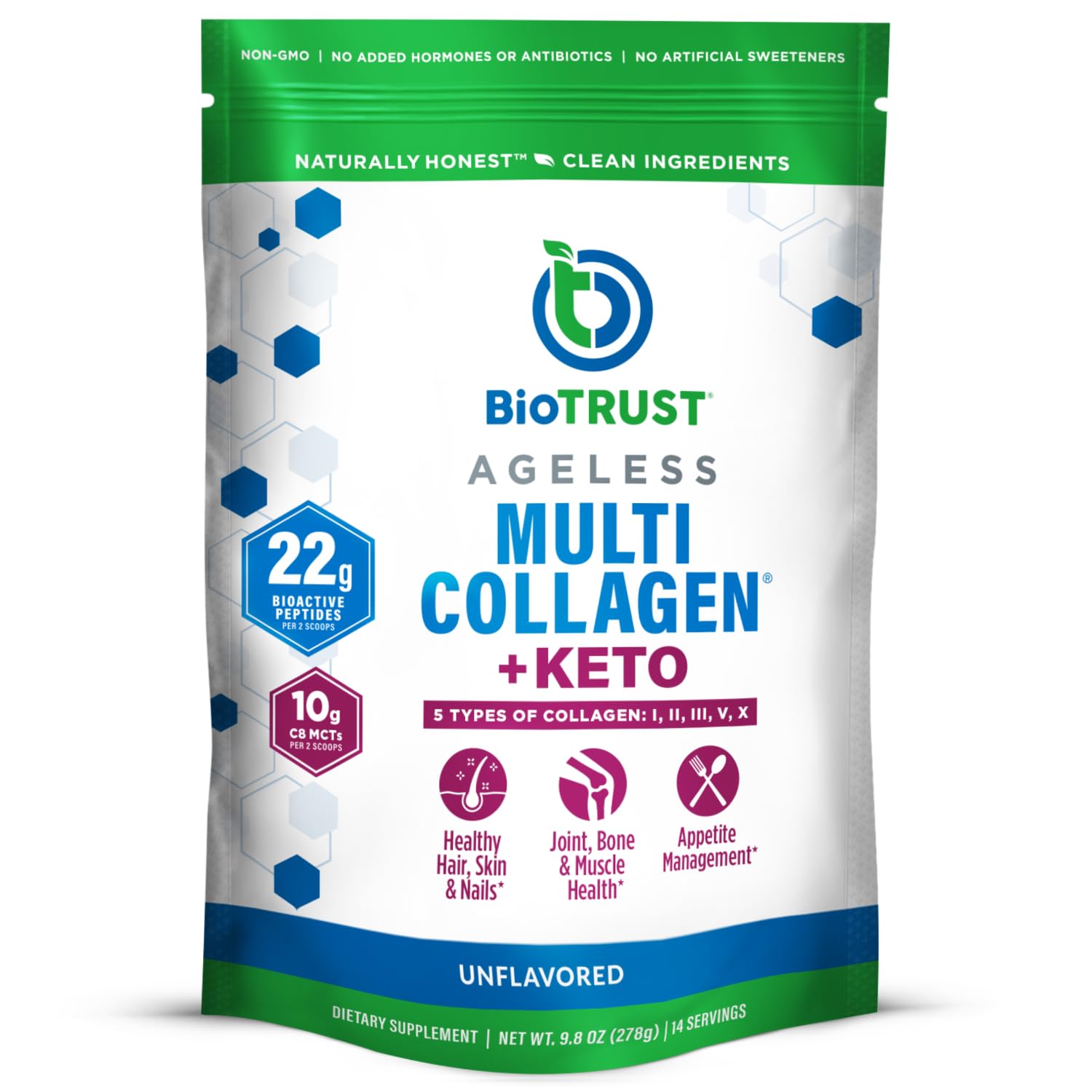 BioTrust Multi Collagen + Keto MCT Oil Unflavored powder scoop in glass