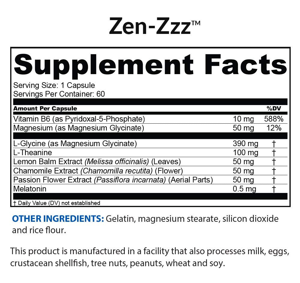 Close-up of Zen-Zzz formula featuring melatonin, L-theanine and glycine
