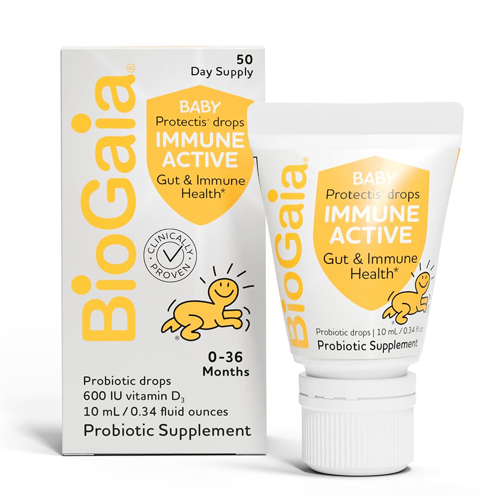 BioGaia Immune Active Baby Probiotic Drops + Vitamin D bottle on white background