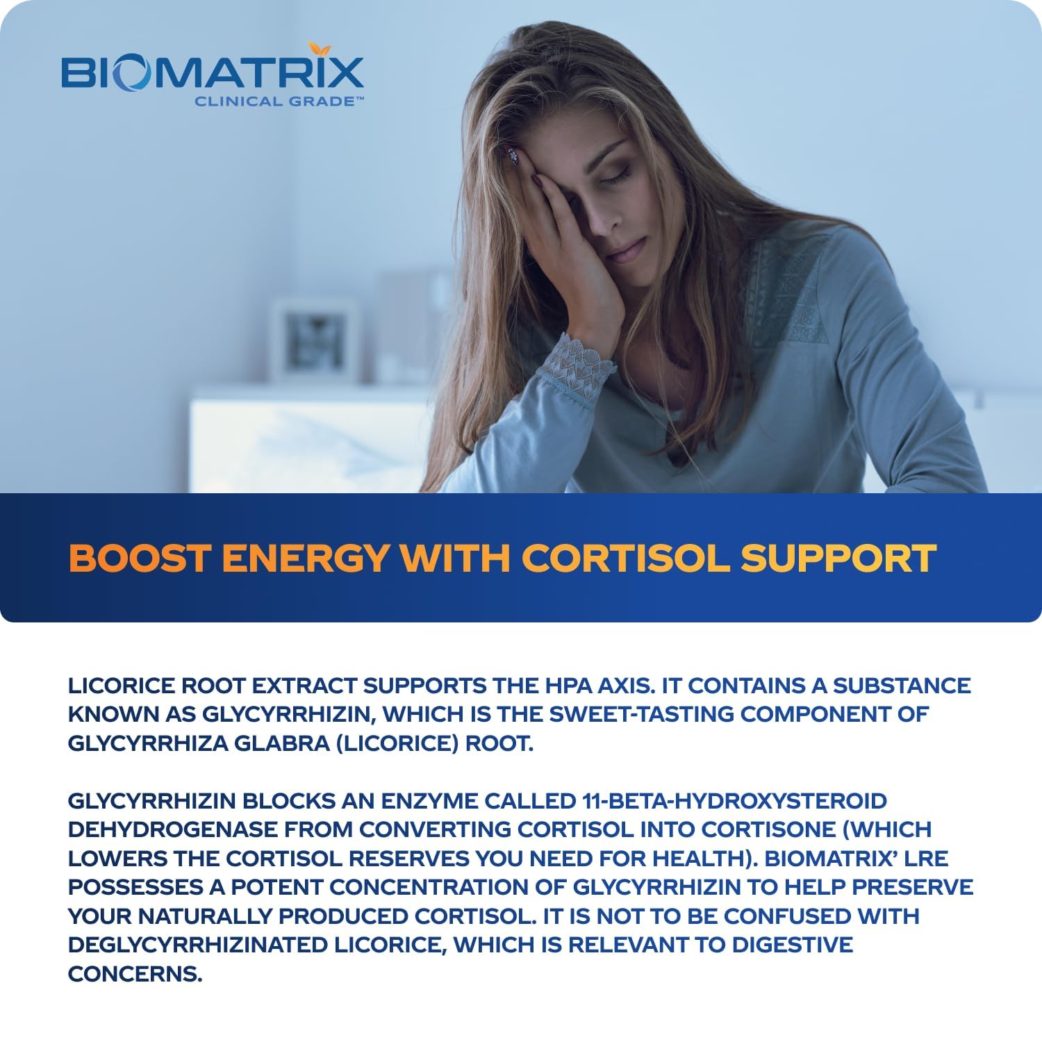 BioMatrix Licorice Root Extract bottle beside energy and cortisol concept