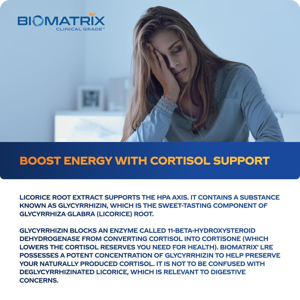 BioMatrix Licorice Root Extract bottle beside energy and cortisol concept