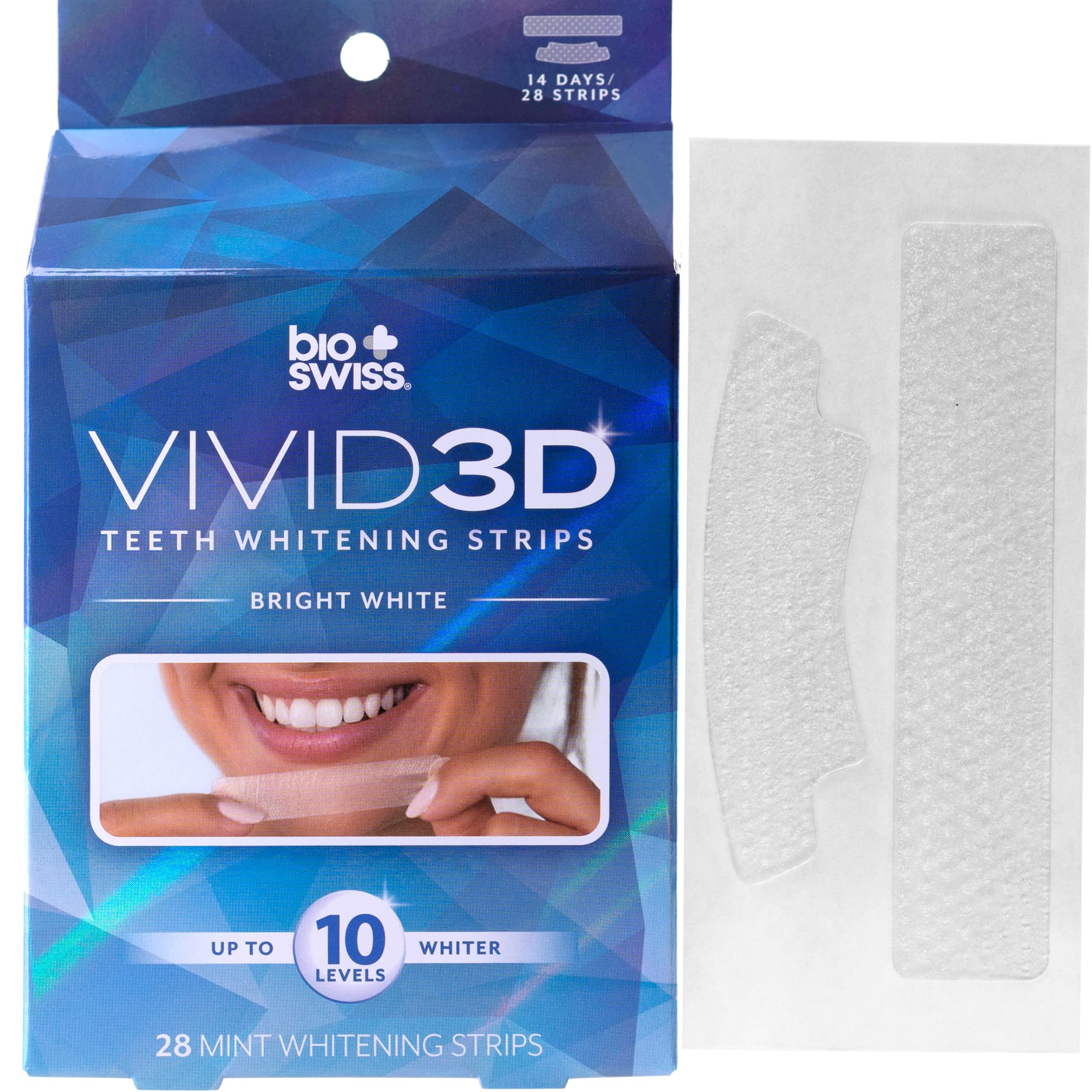 Front view of BioSwiss Vivid 3D Teeth Whitening Strips in blue box
