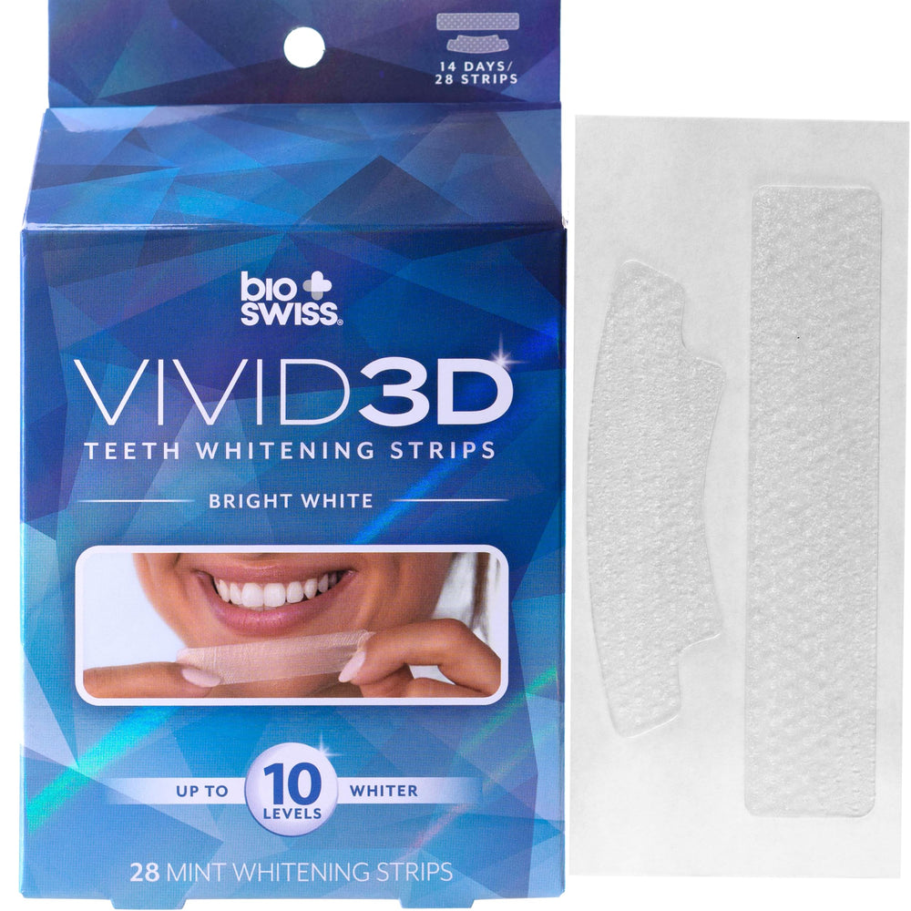 Front view of BioSwiss Vivid 3D Teeth Whitening Strips in blue box