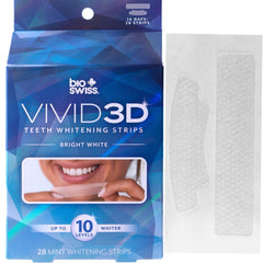 Front view of BioSwiss Vivid 3D Teeth Whitening Strips in blue box