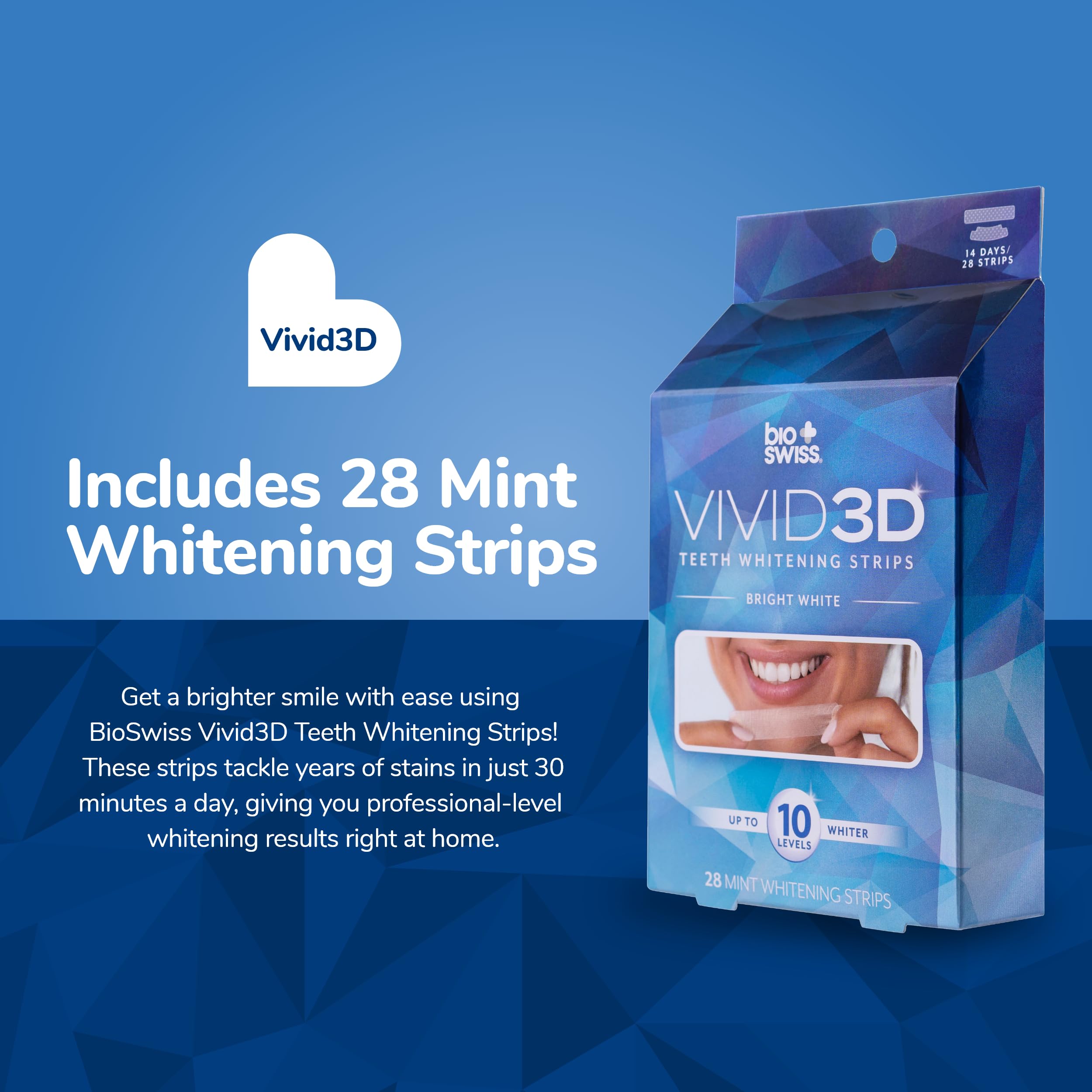 BioSwiss Vivid 3D Teeth Whitening Strips packaging with mint flavor