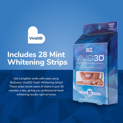 BioSwiss Vivid 3D Teeth Whitening Strips packaging with mint flavor