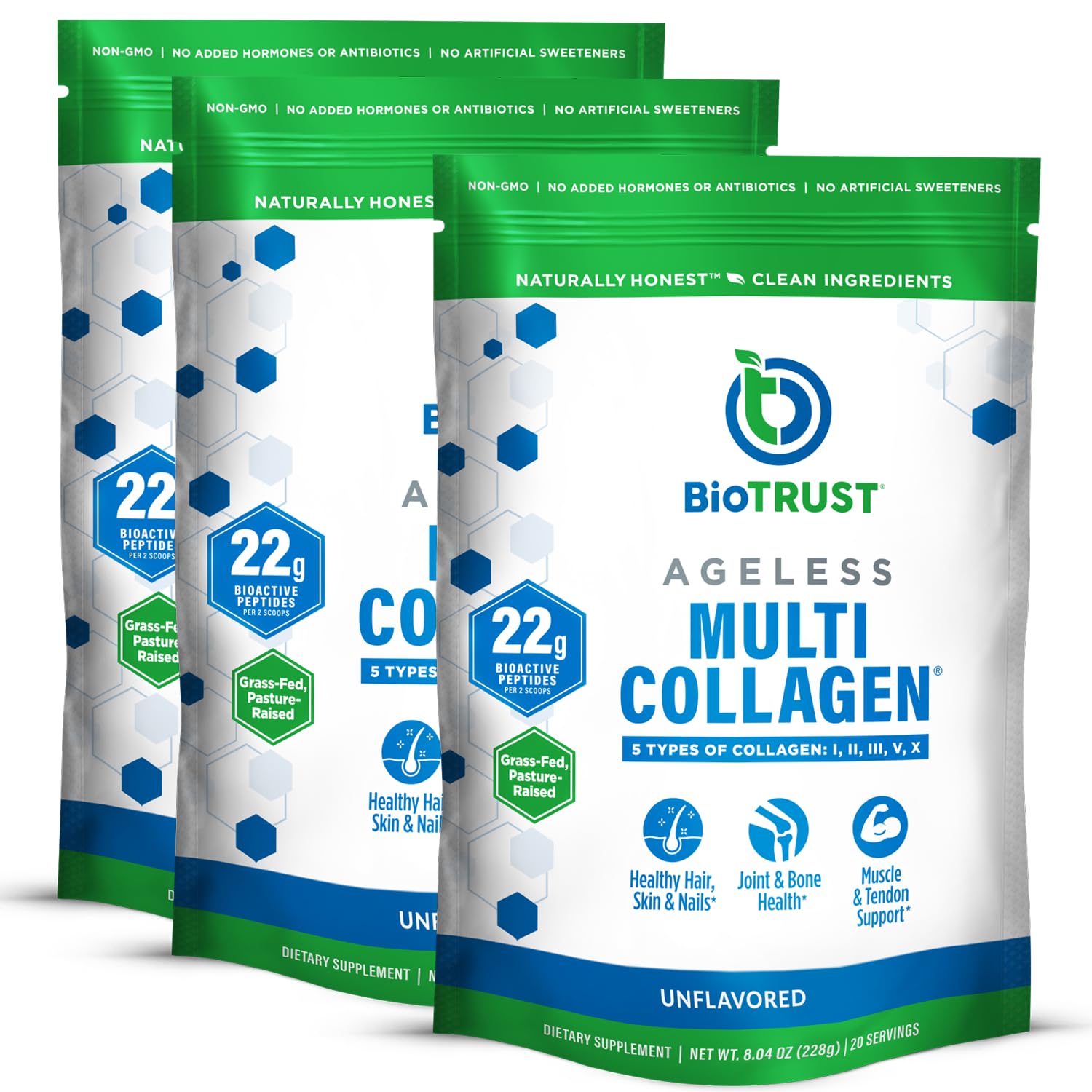 Front view of BioTrust Ageless Multi Collagen Powder bottle