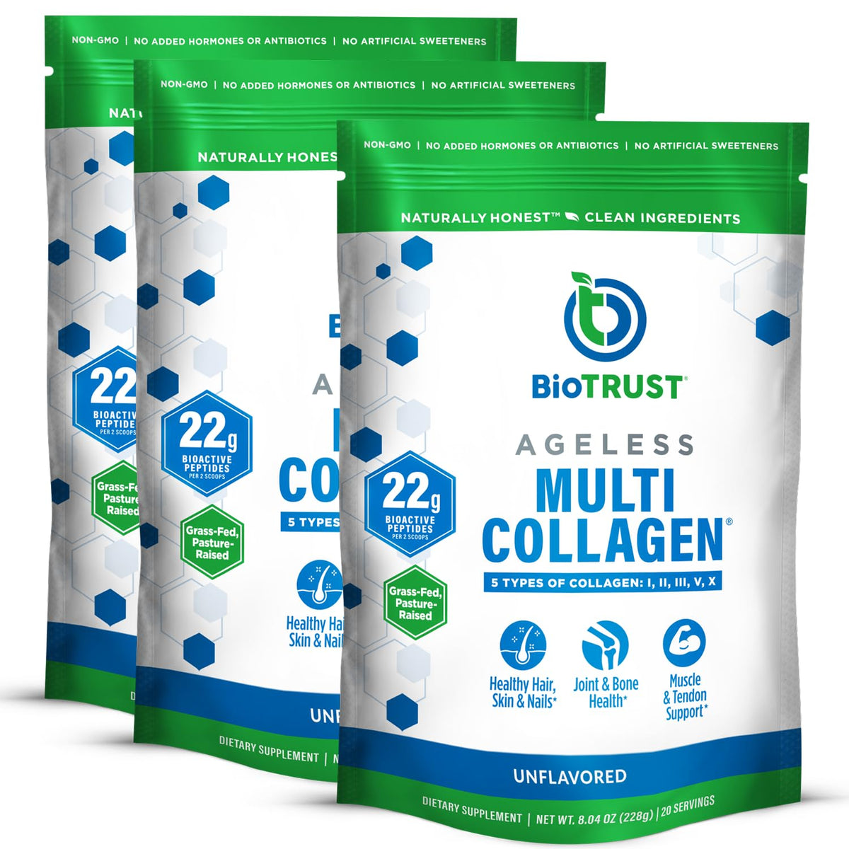 Front view of BioTrust Ageless Multi Collagen Powder bottle