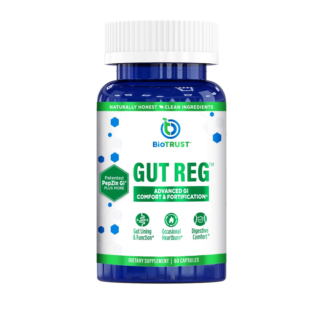 BioTrust Gut Reg bottle featuring PepZin GI and L-Glutamine ingredients