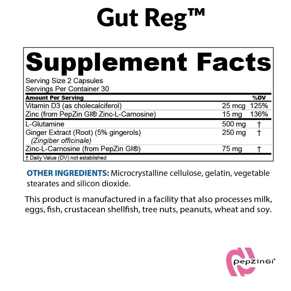 Ingredients close-up showing PepZin GI, L-Glutamine, and Ginger Extract