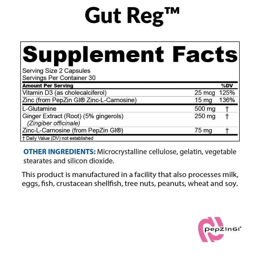 Ingredients close-up showing PepZin GI, L-Glutamine, and Ginger Extract