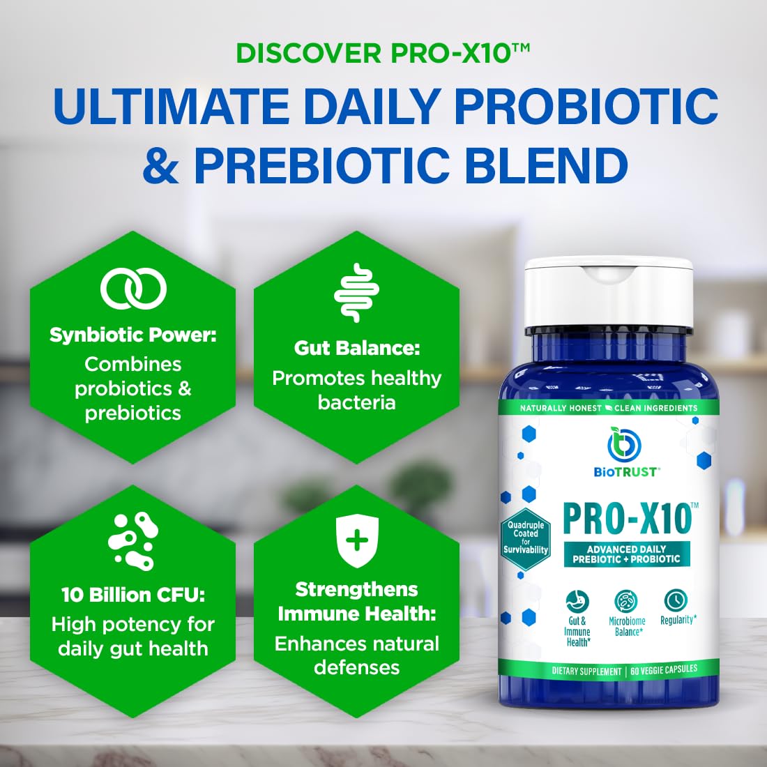 Close-up of Pro-X10 2.0 probiotic capsules