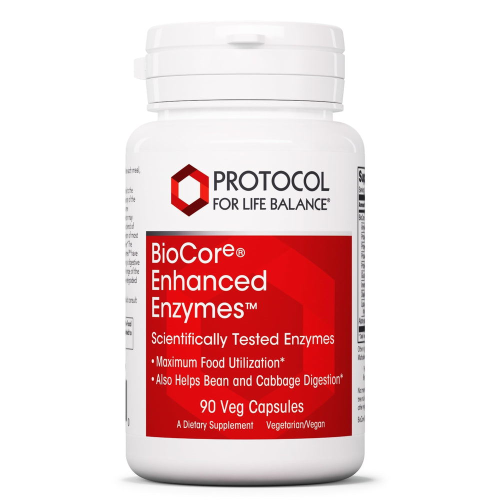 BioCore Enhanced Enzymes product bottle with beans and vegetables graphic