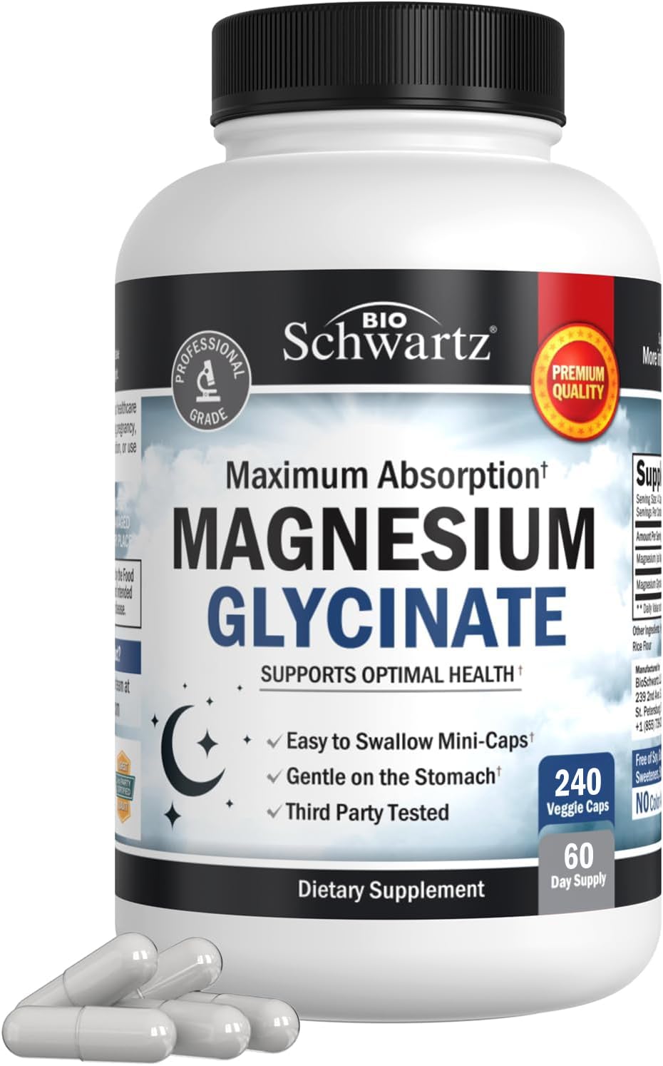 Bottle of BioSchwartz Magnesium Glycinate 500mg capsules – front view